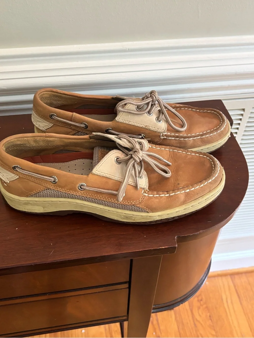 Sperry Tan and Cream Leather Mesh-Trim Boat Shoes